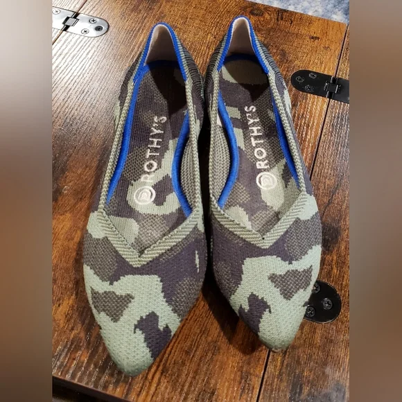 Rothy's Camo Pointed Flats with Blue Trim and Orange Heel Accent - Picture 3 of 6